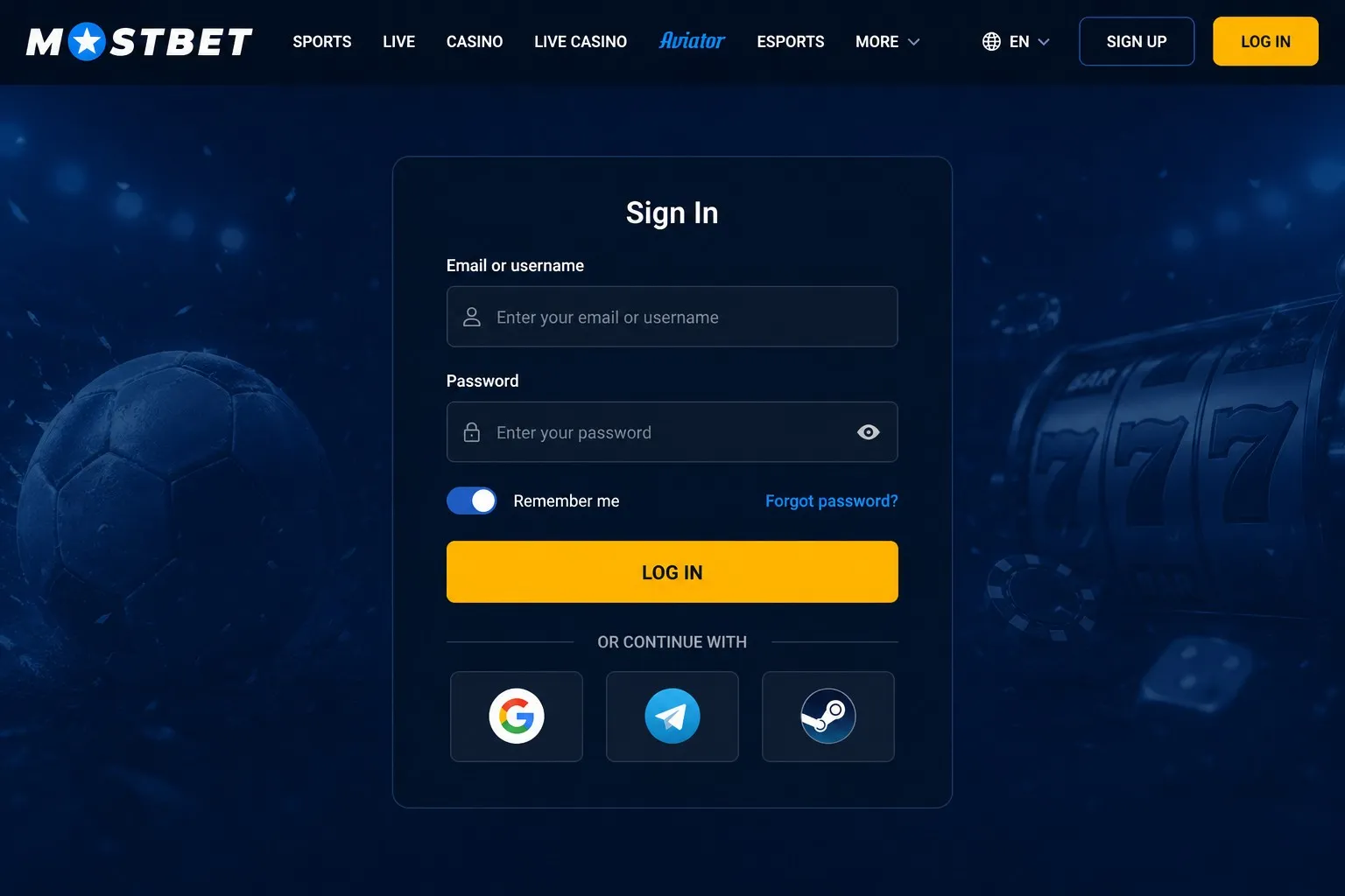 Mostbet login form – sign in via email, phone and social profiles