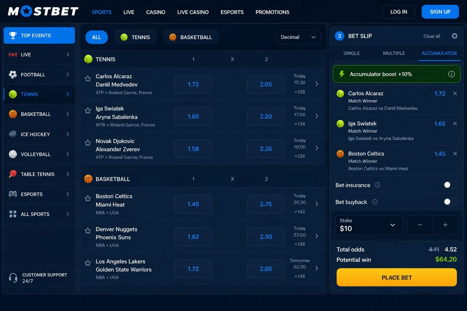 Mostbet online bet slip with accumulator boost