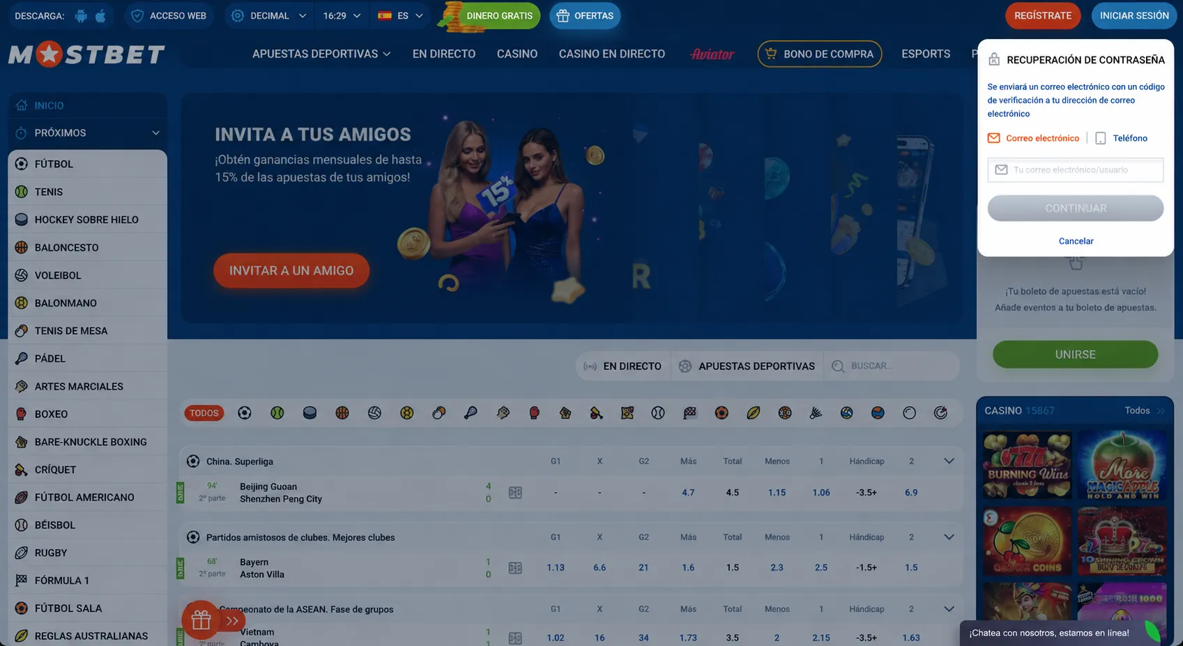 Restablecer la contraseña del Mostbet login
