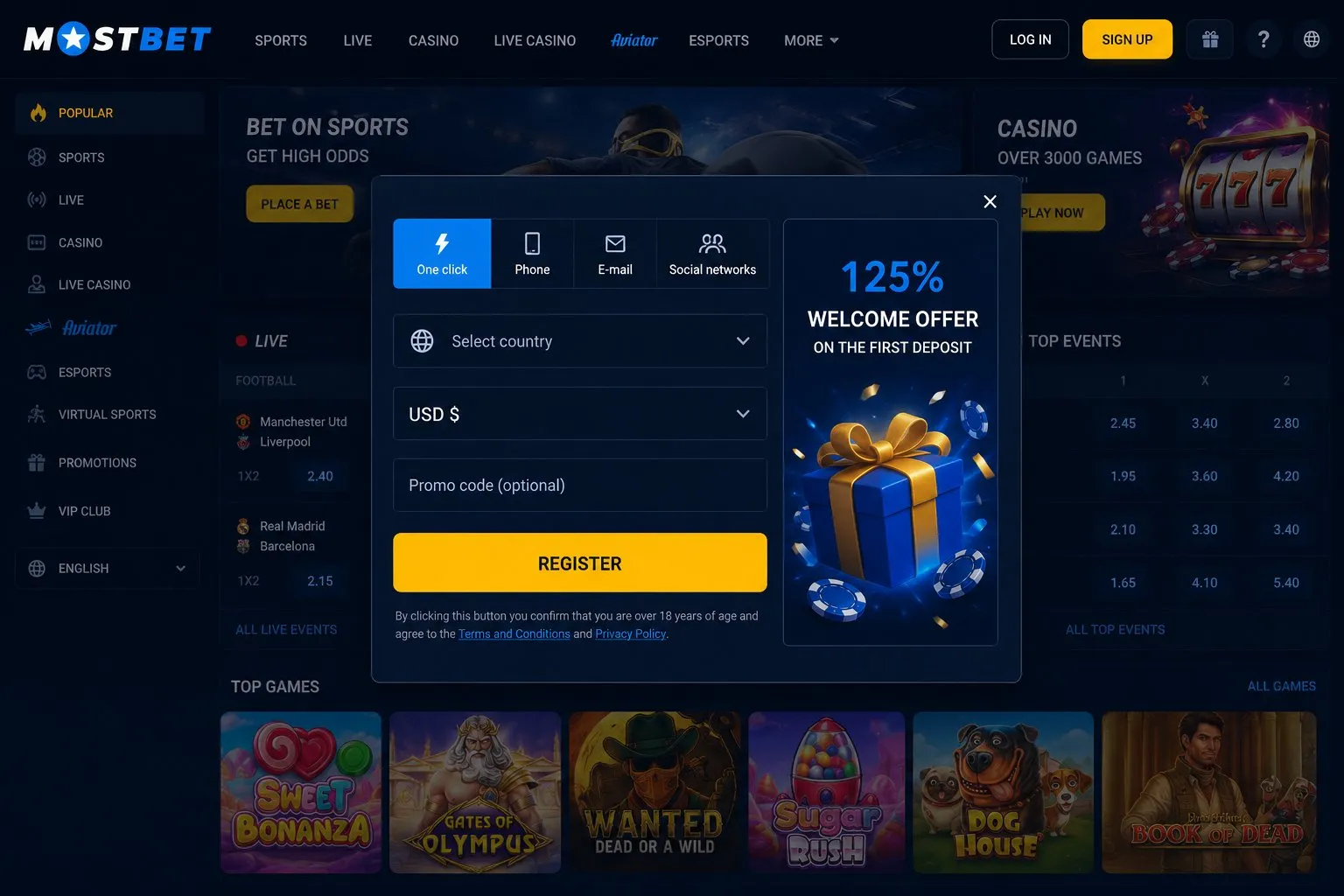 Mostbet registration form with four sign-up routes